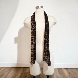 Vintage Brown Black Tiger Animal Mesh Sheer Crinkle Shawl Scarf Y2K